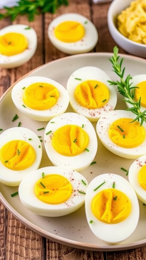 Perfectly cooked air fryer hard boiled eggs, cut in half, with creamy yolks and garnished with herbs on a rustic wooden table.